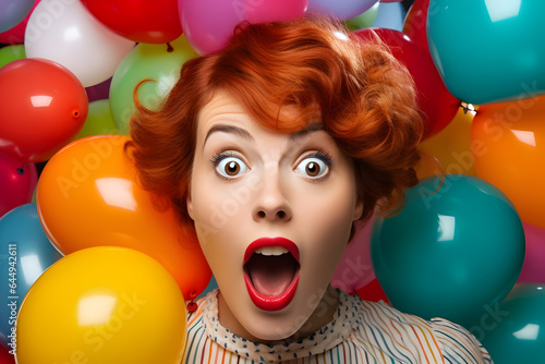 Absolute Amazement A Portrait of a Woman with Eyes Wide Open, Mouth Agape, in Utter Surprise and Excitement, Set Against a Background of Colorful Helium Balloons © Asiri