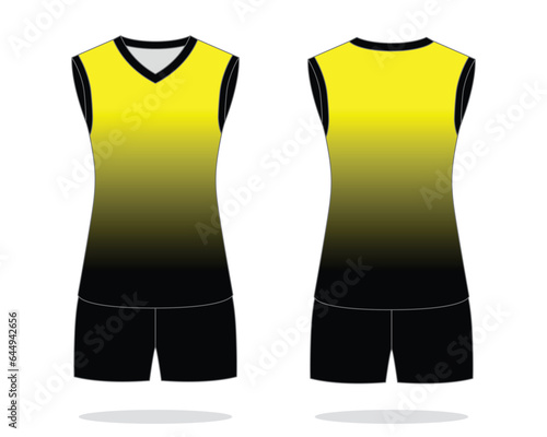 Black-yellow sleeveless volleyball jersey unifrom with gradient printing style design on white background.
Front and back view, vector file.