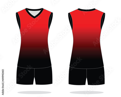 Black-red sleeveless volleyball jersey uniform with gradient printing style design on white background. Front and back views, vector file.