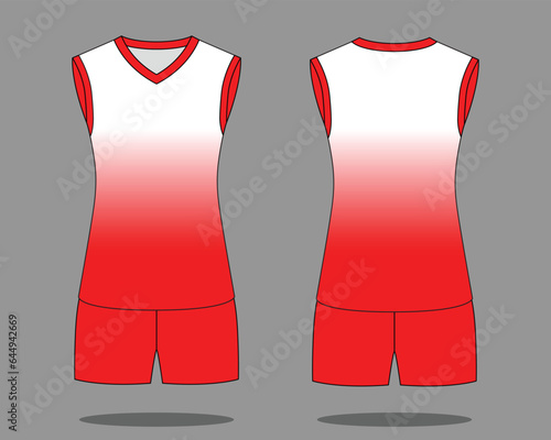 White-red sleeveless volleyball jersey unifrom with gradient printing style design on gray background.
Front and back view, vector file.