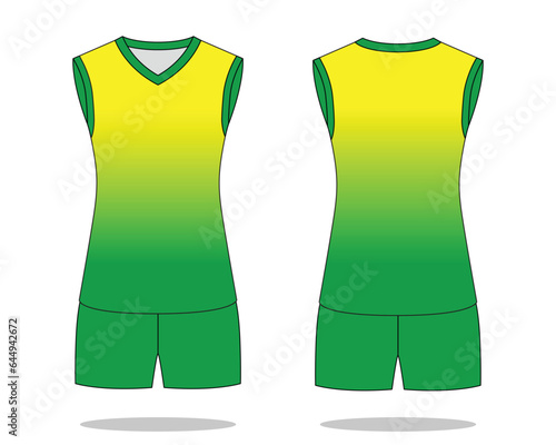 Green-yellow sleeveless volleyball jersey unifrom with gradient printing style design on white background.
Front and back view, vector file.