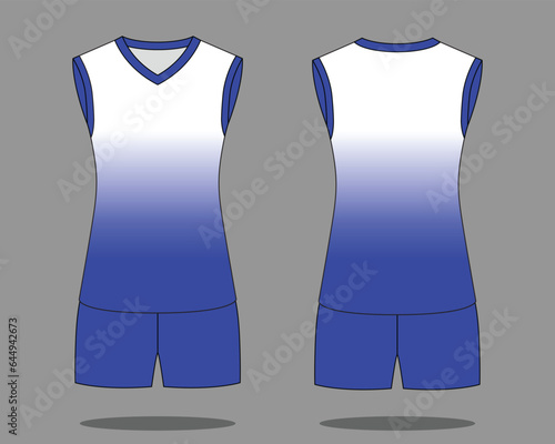 White-blue sleeveless volleyball jersey unifrom with gradient printing style design on gray background.
Front and back view, vector file.