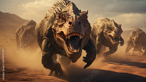 a herd of dinosaurs running away from something