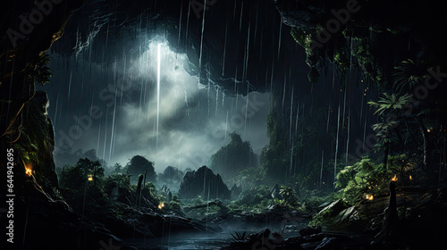 a prehistoric jungle in the rain