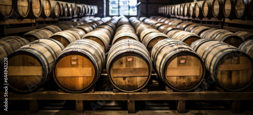 Photographie Whiskey, bourbon, scotch, wine barrels in an aging facility.