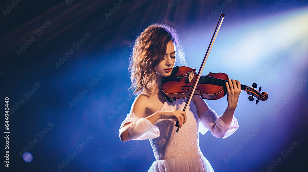 A young woman playing violin on stage. Musical concept. Generative Ai