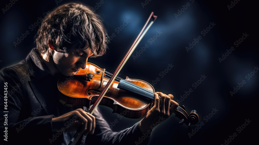 Fototapeta premium Violin player on black background, Musical concept. Generative Ai