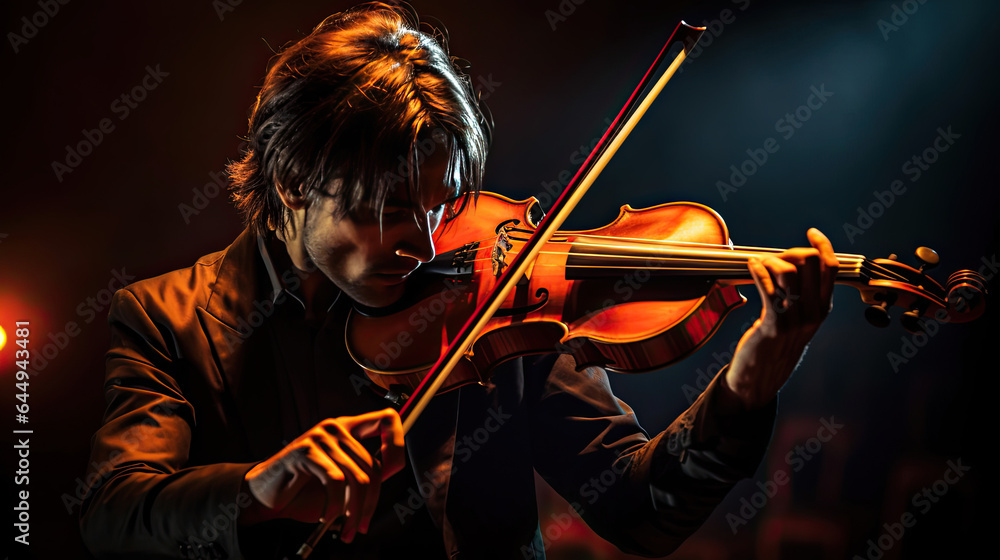 Fototapeta premium Violin player on black background, Musical concept. Generative Ai