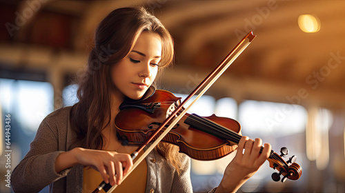 A young woman playing violin in public. Musical concept. Generative Ai.