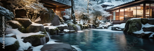 Onsen ryokan or a traditional classic modern Japanese house with a Japanese garden in wintertime. Wide format. 