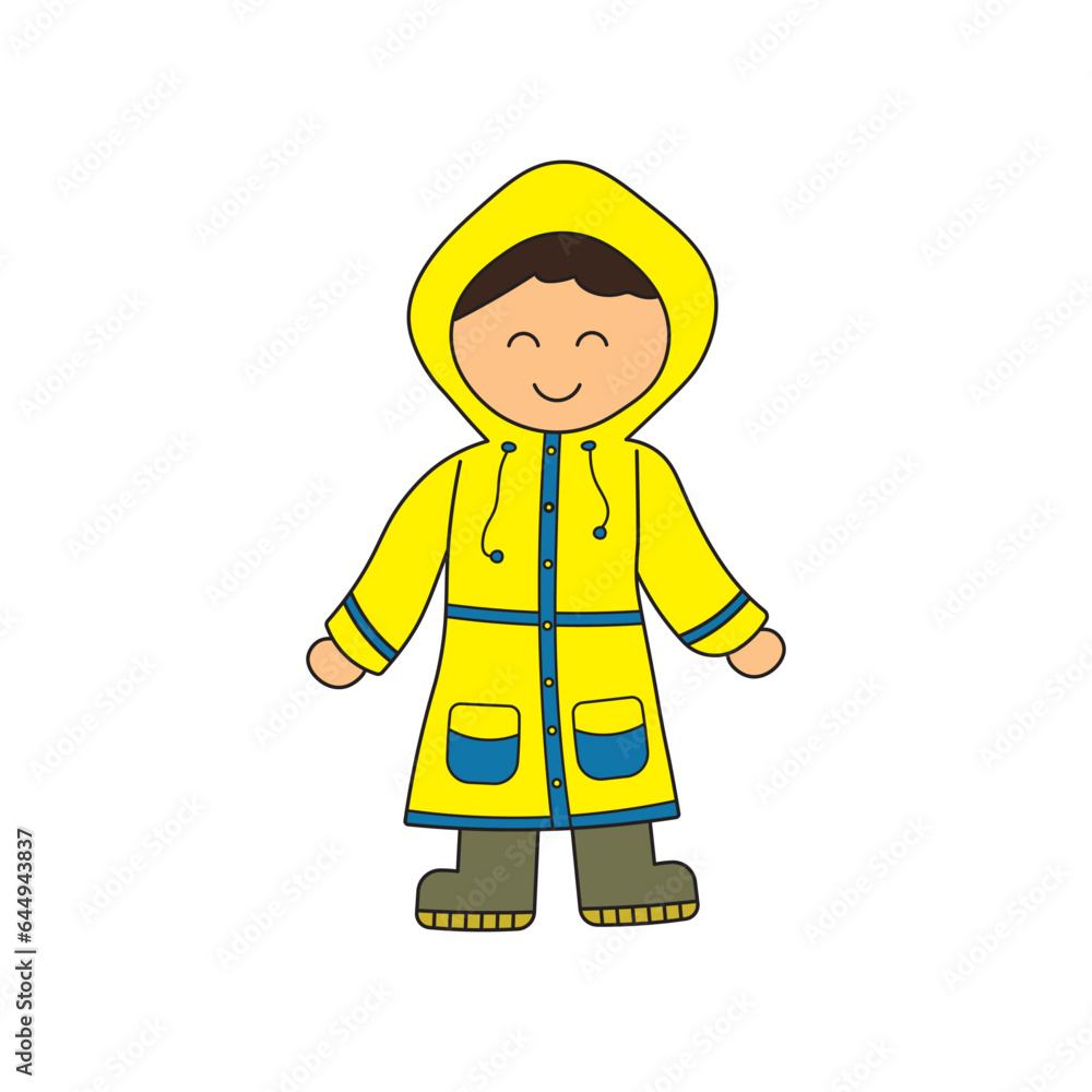 Kids drawing Cartoon Vector illustration cute boy wearing raincoat icon Isolated on White Background Kids drawing Cartoon Vector illustration cute boy wearing raincoat icon Isolated on White Background