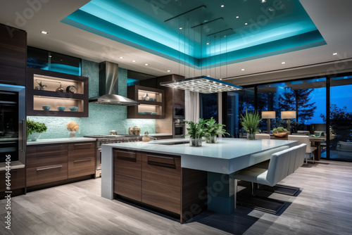 A Serene Oasis: Step into the Modern Kitchen Adorned with Turquoise Color Tones, Exuding Elegance and Tranquility