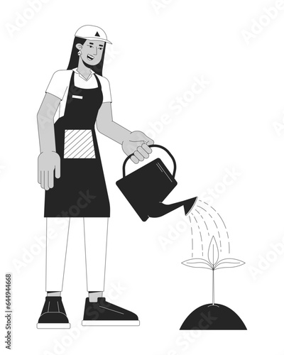 Happy gardener watering plant flat line black white vector character. Editable outline full body person. Woman holding watering can. Simple cartoon isolated spot illustration for web graphic design