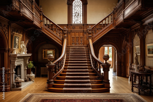 A Majestic Victorian Style Hallway Interior with Ornate Decor and Rich Woodwork