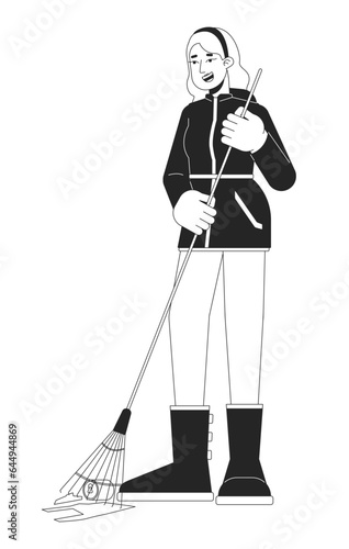 Woman sweeping litter flat line black white vector character. Cleaning floor. Volunteering. Editable outline full body person. Simple cartoon isolated spot illustration for web graphic design