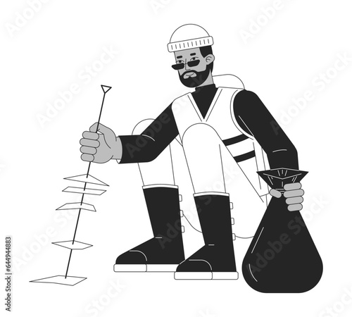 Man picking up rubbish flat line black white vector character. Rubbish bag. Editable outline full body person. Simple cartoon isolated spot illustration for web graphic design