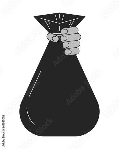 Holding rubbish bag bw concept vector spot illustration. Waste. Cleaning 2D cartoon flat line monochromatic hand for web UI design. Editable isolated outline hero image