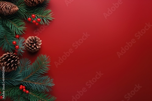 Christmas background with fir branches, cones and gift box on red background.Generative Ai © Rudsaphon