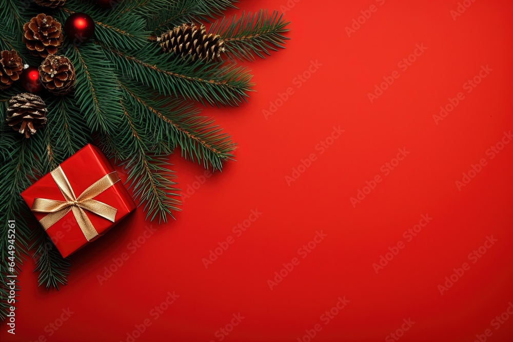 Christmas background with fir branches, cones and gift box on red background.Generative Ai Christmas background with fir branches, cones and gift box on red background.Generative Ai