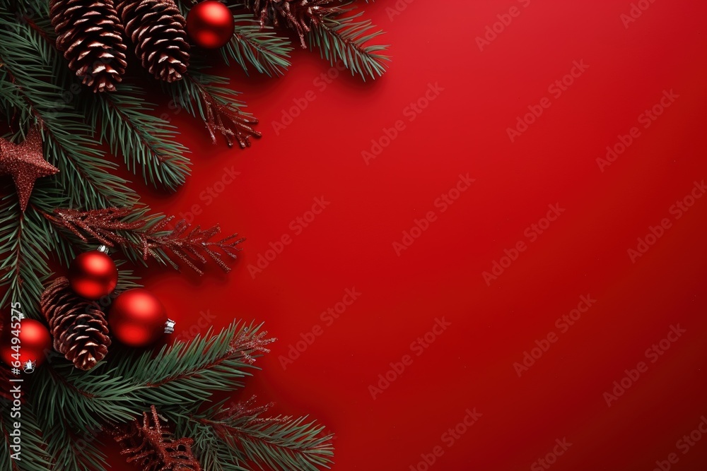 Christmas background with fir branches, cones and gift box on red background.Generative Ai Christmas background with fir branches, cones and gift box on red background.Generative Ai