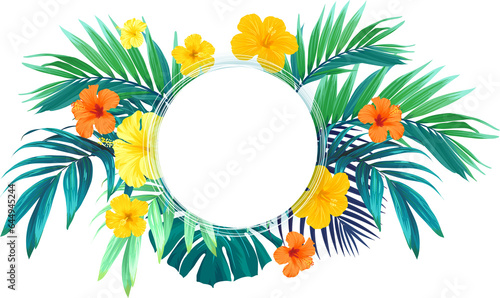 Summer tropical design for banner or flyer with exotic palm leaves, hibiscus flowers and space for text.