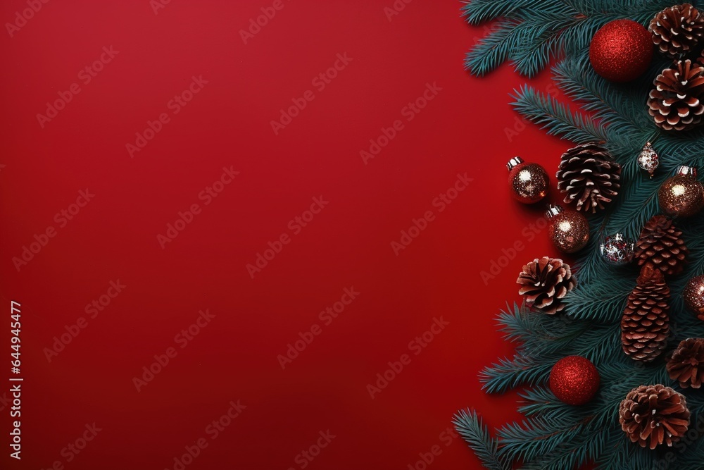 Christmas background with fir branches, cones and gift box on red background.Generative Ai Christmas background with fir branches, cones and gift box on red background.Generative Ai