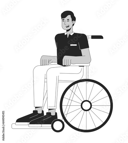 Indian man in wheelchair flat line black white vector character. Person with disability. Young man. Editable outline full body person. Simple cartoon isolated spot illustration for web graphic design
