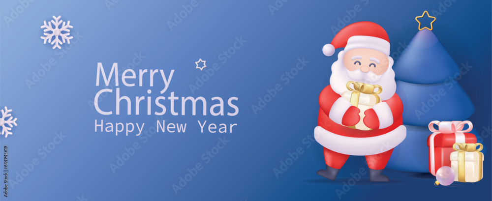 Christmas banner. This banner showcases a cartoon design with a hint of Christmas magic, wrapped in blue tones and a cheerful Santa Claus in the foreground. Vector illustration. Christmas banner. This banner showcases a cartoon design with a hint of Christmas magic, wrapped in blue tones and a cheerful Santa Claus in the foreground. Vector illustration.