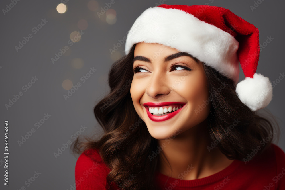 Portrait of a beautiful festive woman model wearing a father christmas red santa hat Portrait of a beautiful festive woman model wearing a father christmas red santa hat