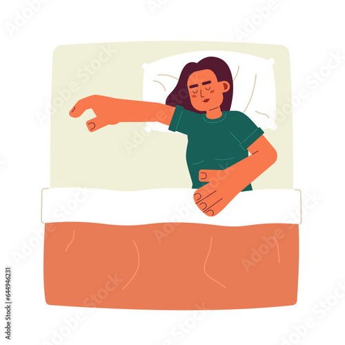Tired latina woman sleeping semi flat color vector character. Lying on pillow. Cover with blanket. Editable full body person on white. Simple cartoon spot illustration for web graphic design