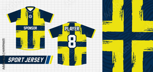 SPORT JERSEY DESIGN WITH YELLOW CROSS AND DARK BLUE LEOPARD PATTERN