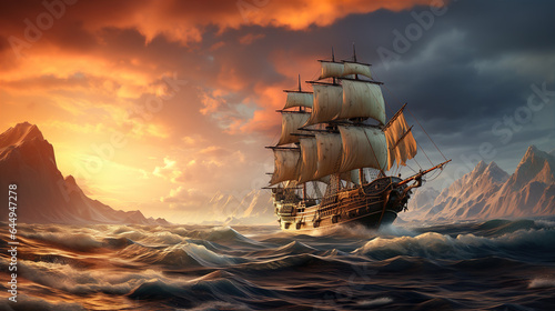 An Old Sailing Ship Sailing Through The Strait. The Sunset Illuminates The Desert Island And The Splashing Waves. Generative AI