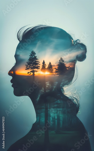 Double exposure photo, woman and natural landscape blend together,human and nature, peace of mind,abstract mentation,meditation,contemplative,philosophy, silhouett of woman,forest resources,ESG,woods