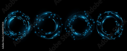 Set of glowing HUD frames with light effects. Futuristic digital circles. Sci-fi and Hi-tech graphic elements. GUI and UI design. Modern technology. Vector illustration.