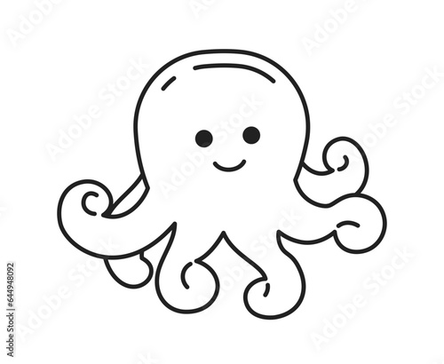 Smiling octopi with curly tentacles monochromatic flat vector character. Underwater sea creature. Editable thin line full body personage on white. Simple bw cartoon spot image for web graphic design