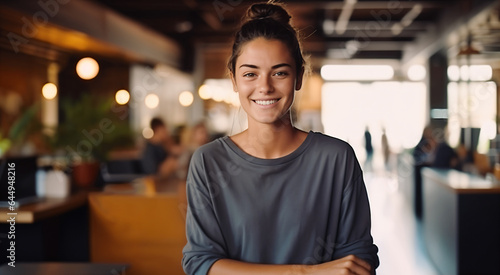 Portrait of a young woman in grey t-shirt. indoor photo. in cafe,Coffee shop staff