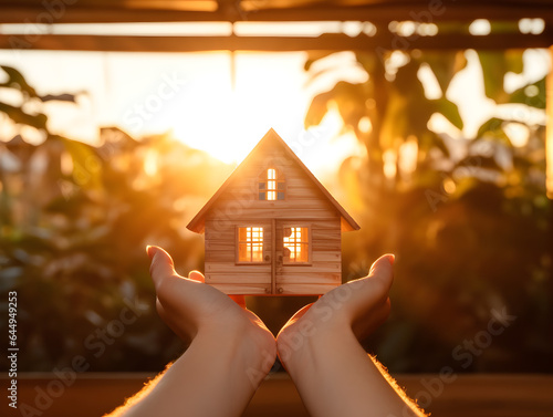 A woman hand holds wooden house silhouette against the sun. Home ownership concept, real estate concept.