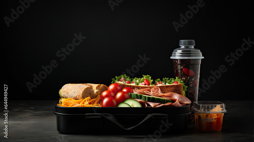 Lunchbox with delicious food and bottle of juice on grunge 