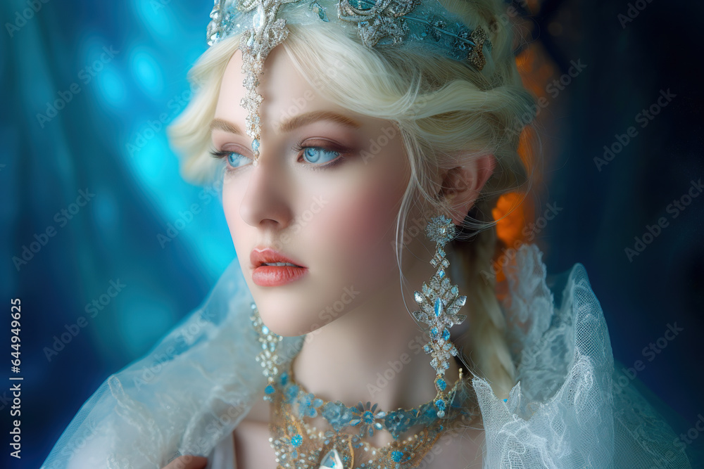 Winter Fairy. Close up portrait of blonde ice queen	
