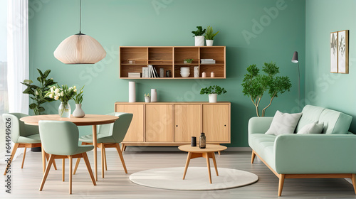 Mint color chairs at round wooden dining table in room with sofa and cabinet near green wall. Scandinavian, mid-century home interior design of modern living room.