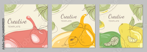 Set of abstract fruit templates with apple, pear and lemon with lime. Modern abstract design for label, cover, card, interior decor, social media post, banner.