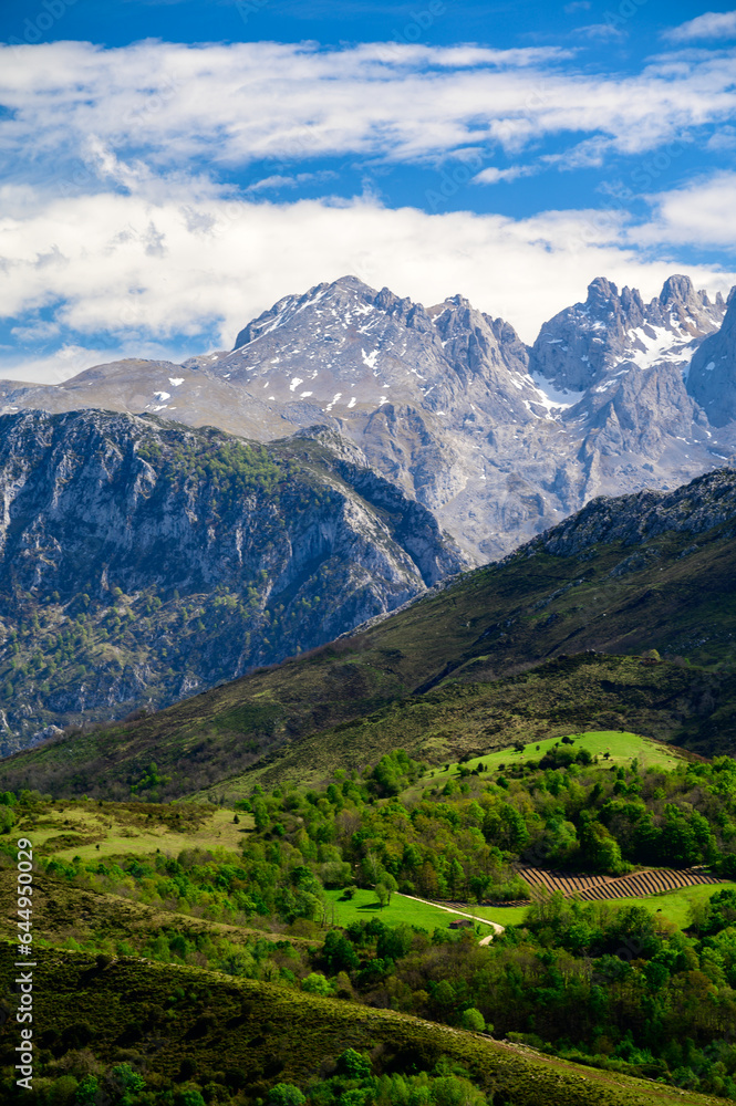 Fototapeta premium View on Naranjo de Bulnes or Picu Urriellu, limestone peak dating from Paleozoic Era, located in Macizo Central region of Picos de Europa, mountain range in Asturias, Spain