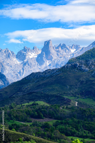 View on Naranjo de Bulnes or Picu Urriellu   limestone peak dating from Paleozoic Era  located in Macizo Central region of Picos de Europa  mountain range in  Asturias  Spain