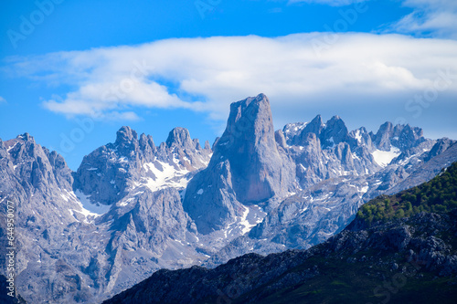 View on Naranjo de Bulnes or Picu Urriellu, limestone peak dating from Paleozoic Era, located in Macizo Central region of Picos de Europa, mountain range in Asturias, Spain