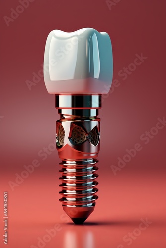 Dental Implant Procedure. 3D Render. Red Background.