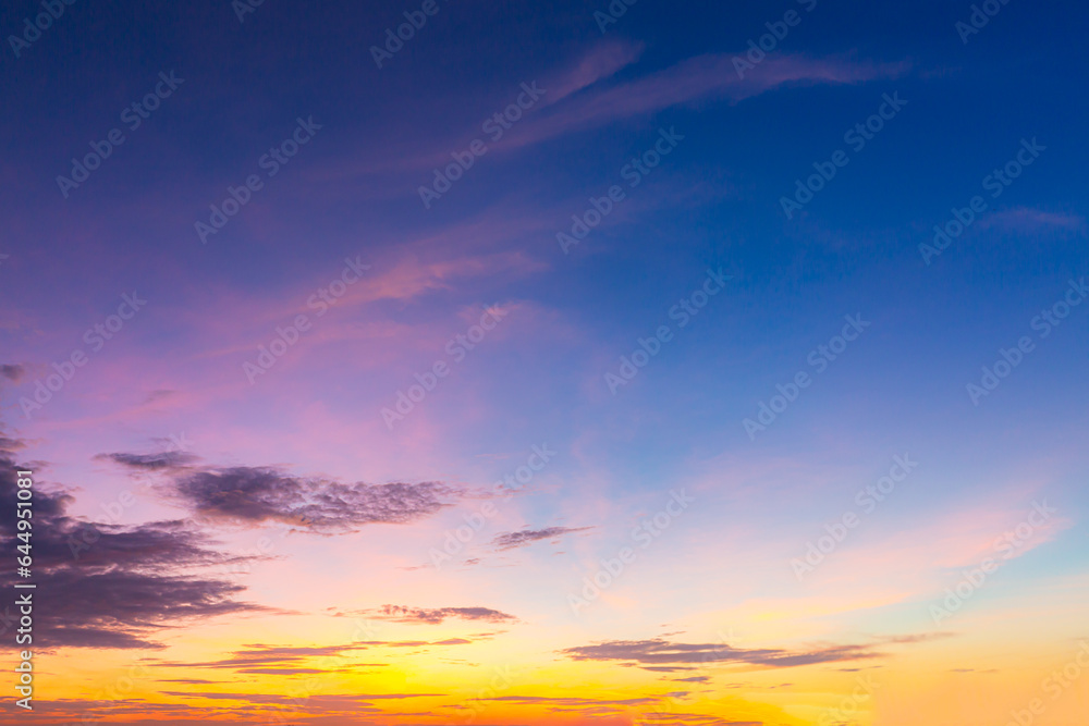 Clouds and sky of morning and evening light,Real amazing panoramic sunrise or sunset sky with gentle colorful clouds. Long panorama, crop it