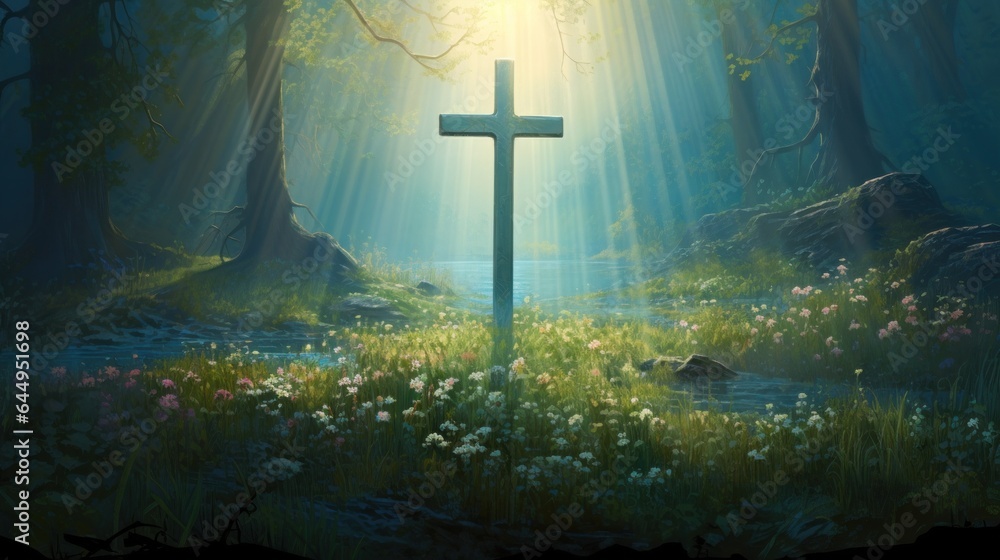 Naklejka premium Sun shine through, creating a silhouette of the cross