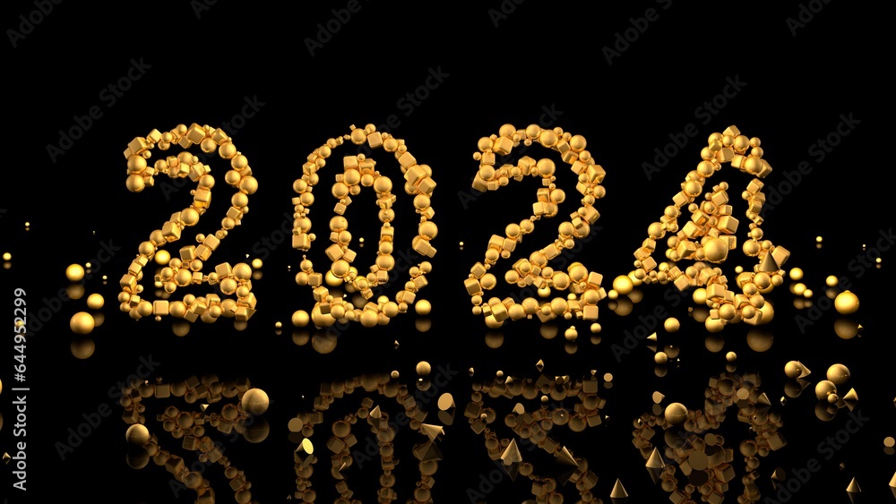 3D render. New Year 2024 with golden geometric shapes on a black background. Christmas background.