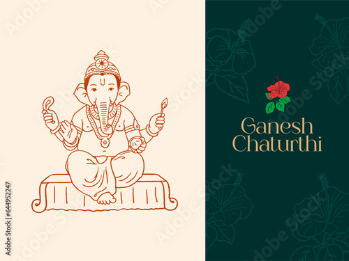Ganesh Chaturthi Text with Ganesha hand-drawn vector illustration and Festive minimal background vector template design