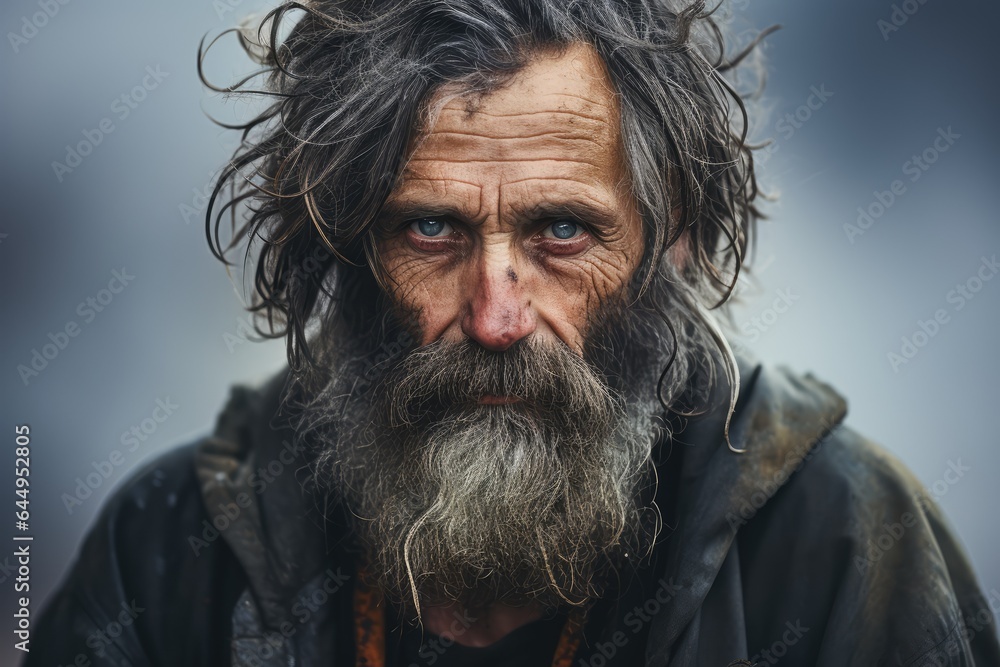 Homeless man with a weathered face against a soft color background - Raw humanity - AI Generated Homeless man with a weathered face against a soft color background - Raw humanity - AI Generated